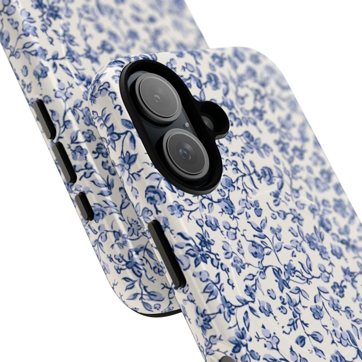 A phone case featuring a blue and white floral Victorian-inspired pattern - Detail