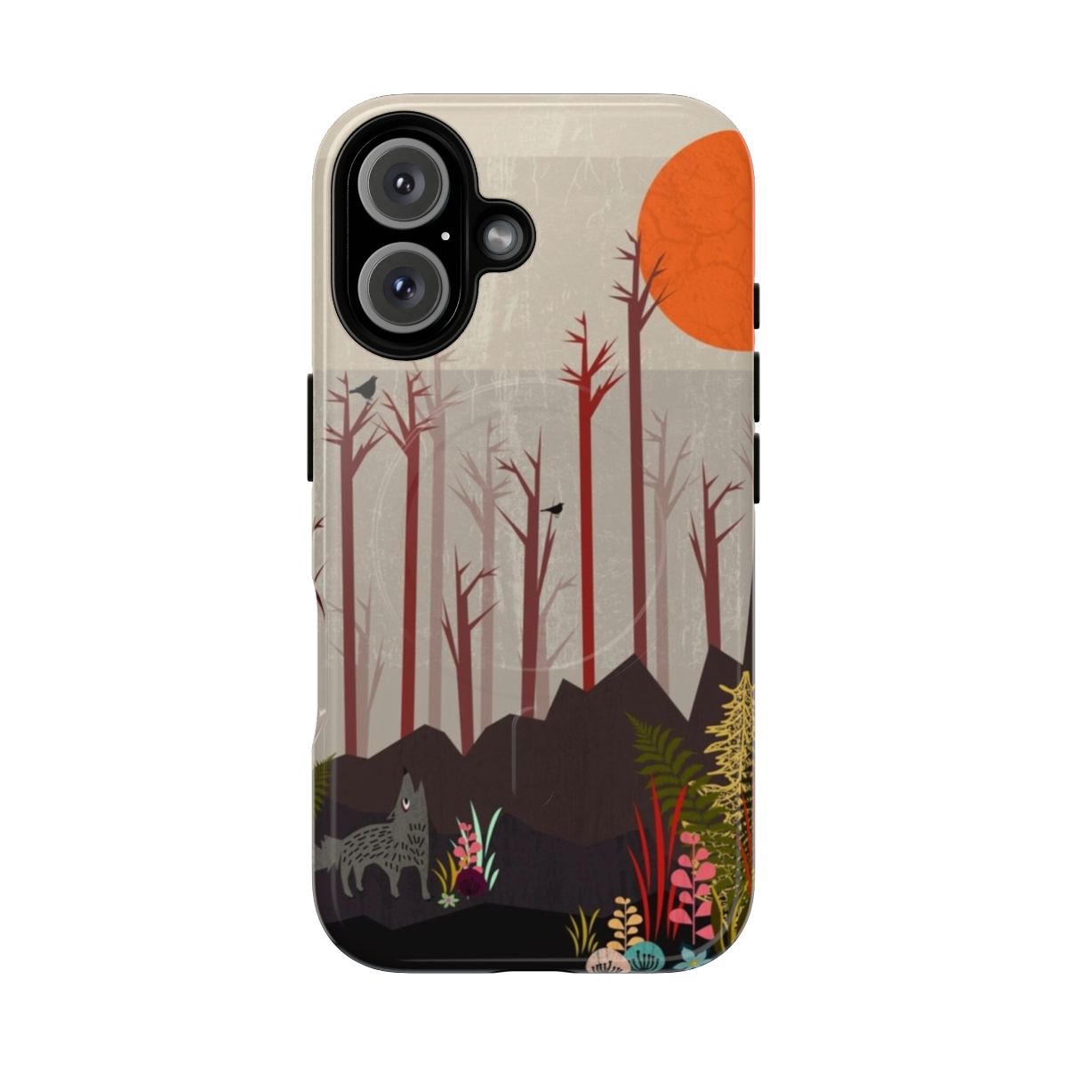 Autumn nature scenery with wolf, flowers, and trees on a durable phone case