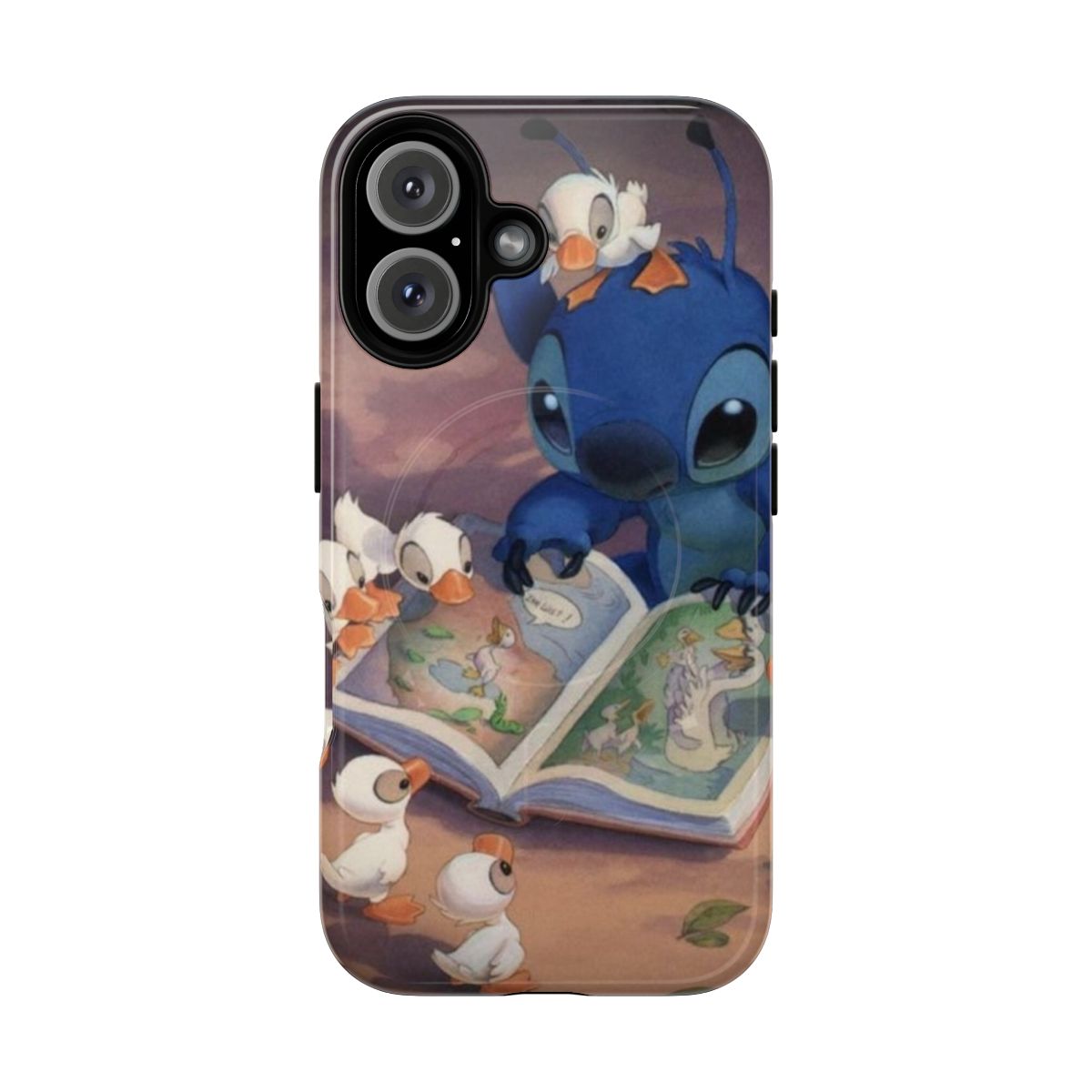 Cute Stitch reading a book on a durable magnetic phone case