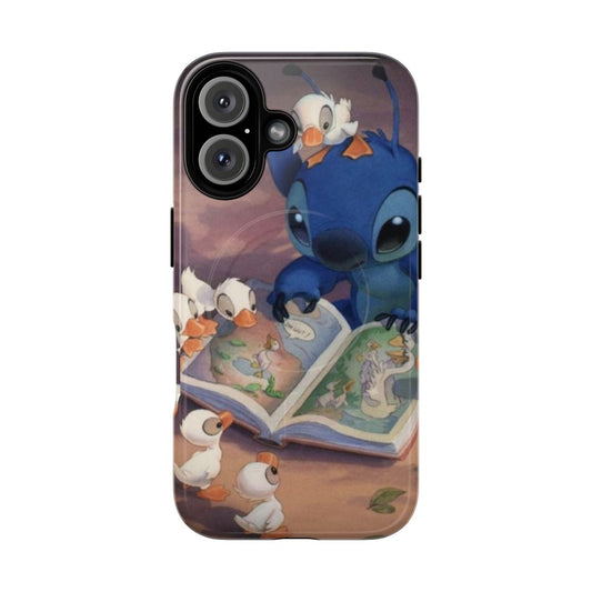 Cute Stitch reading a book on a durable magnetic phone case