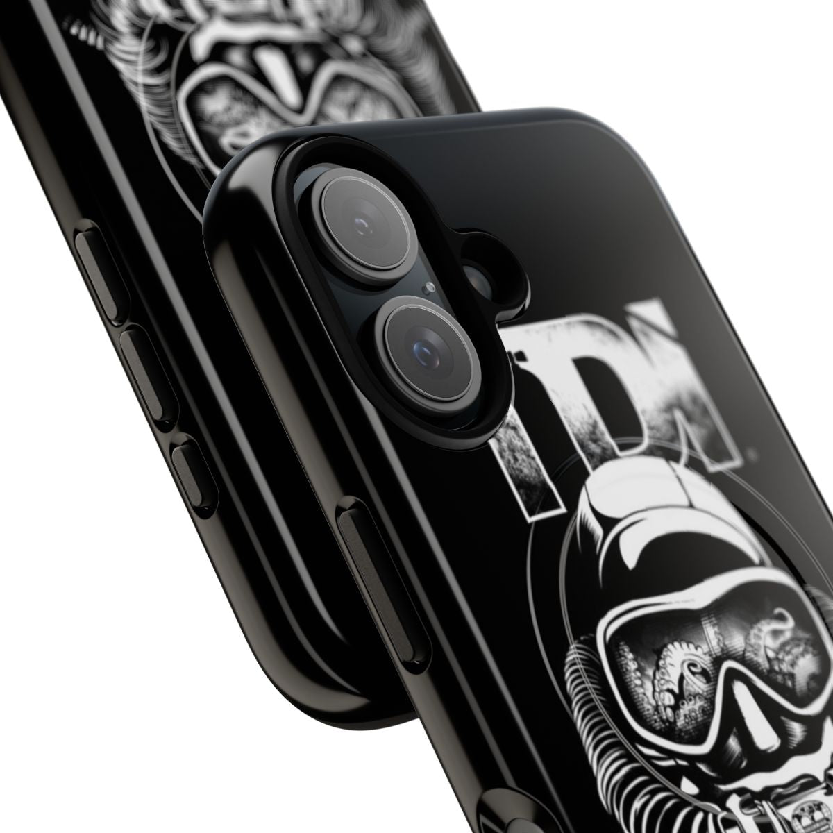 Tough phone case with magnetic closure featuring an octopus design, suitable for technical divers using rebreathers. - Detail