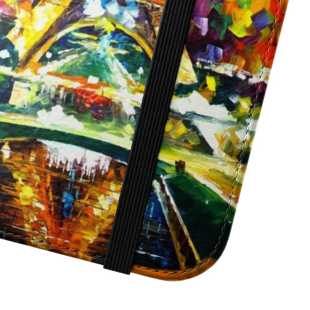 Leonid Afremov inspired flip cover phone case featuring a painting of a Paris cityscape at night. - Close Up