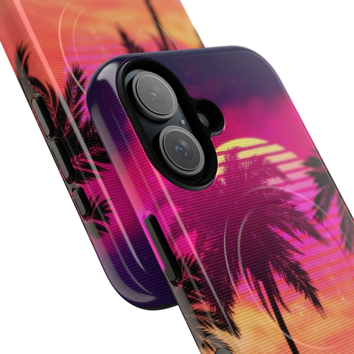 Pink vaporwave landscape with rocks and palm trees phone case - Detail