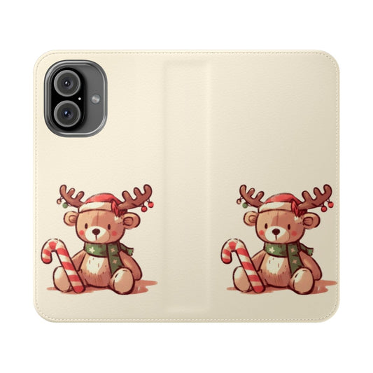 A flip cover phone case featuring a whimsical Christmas reindeer design with a candy cane and scarf.