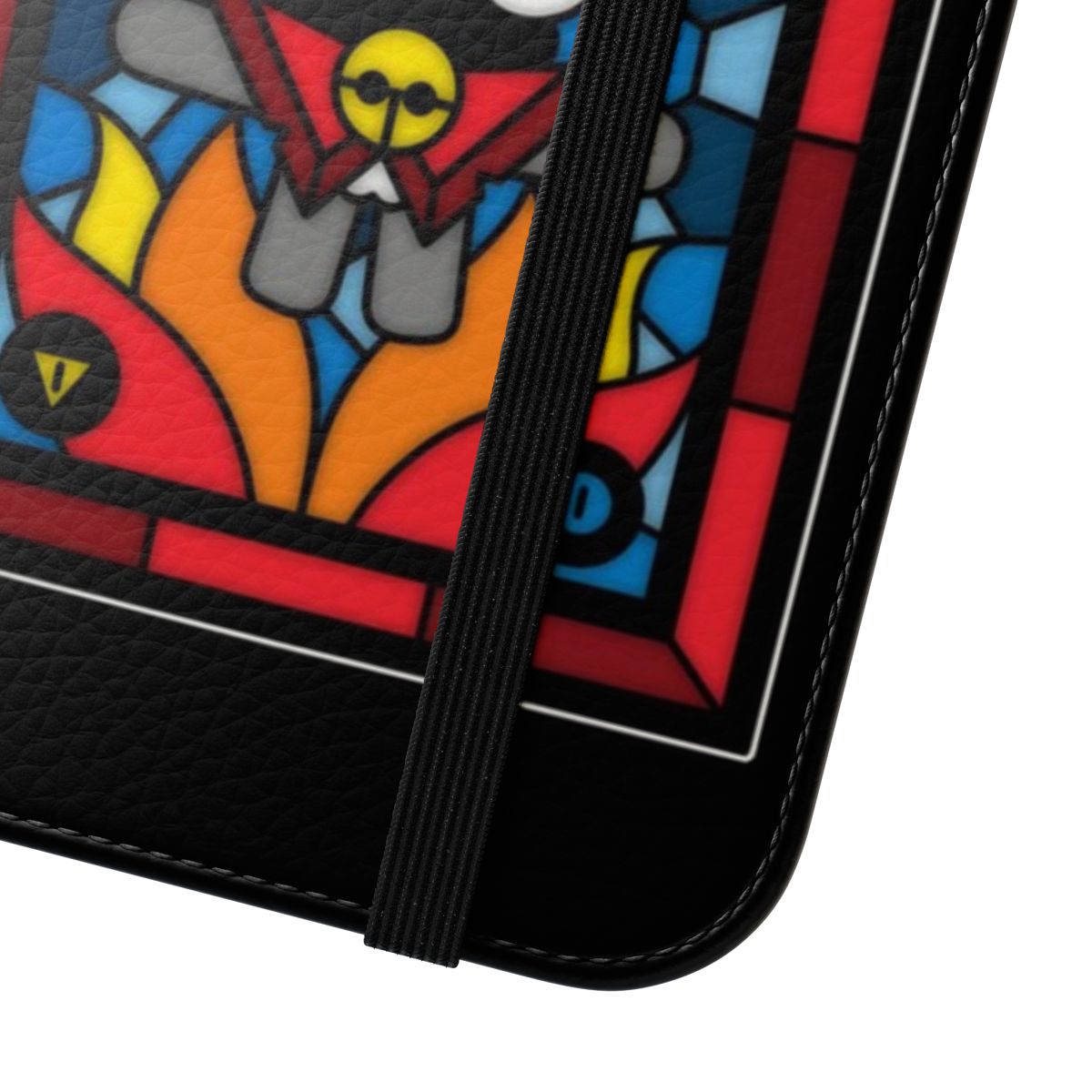 A flip phone case featuring a stained glass-style design with a cute lamb illustration. - Close Up