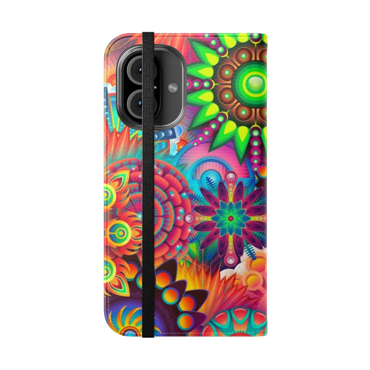 Vibrant floral design phone case with a mandala pattern in various colors - Folded Front