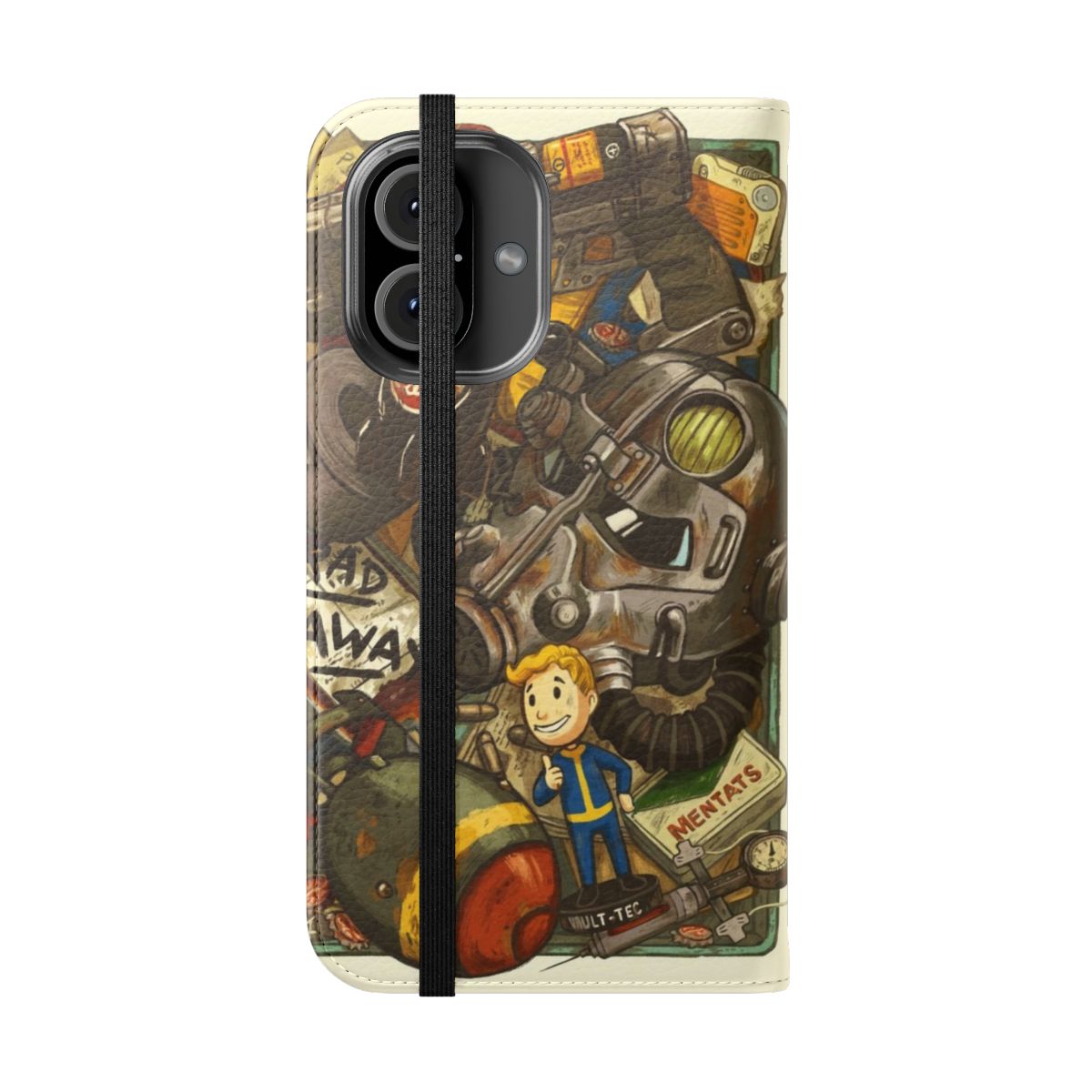 Flip phone case with a post-apocalyptic Wasteland Cache design, suitable for gaming enthusiasts. - Folded Front