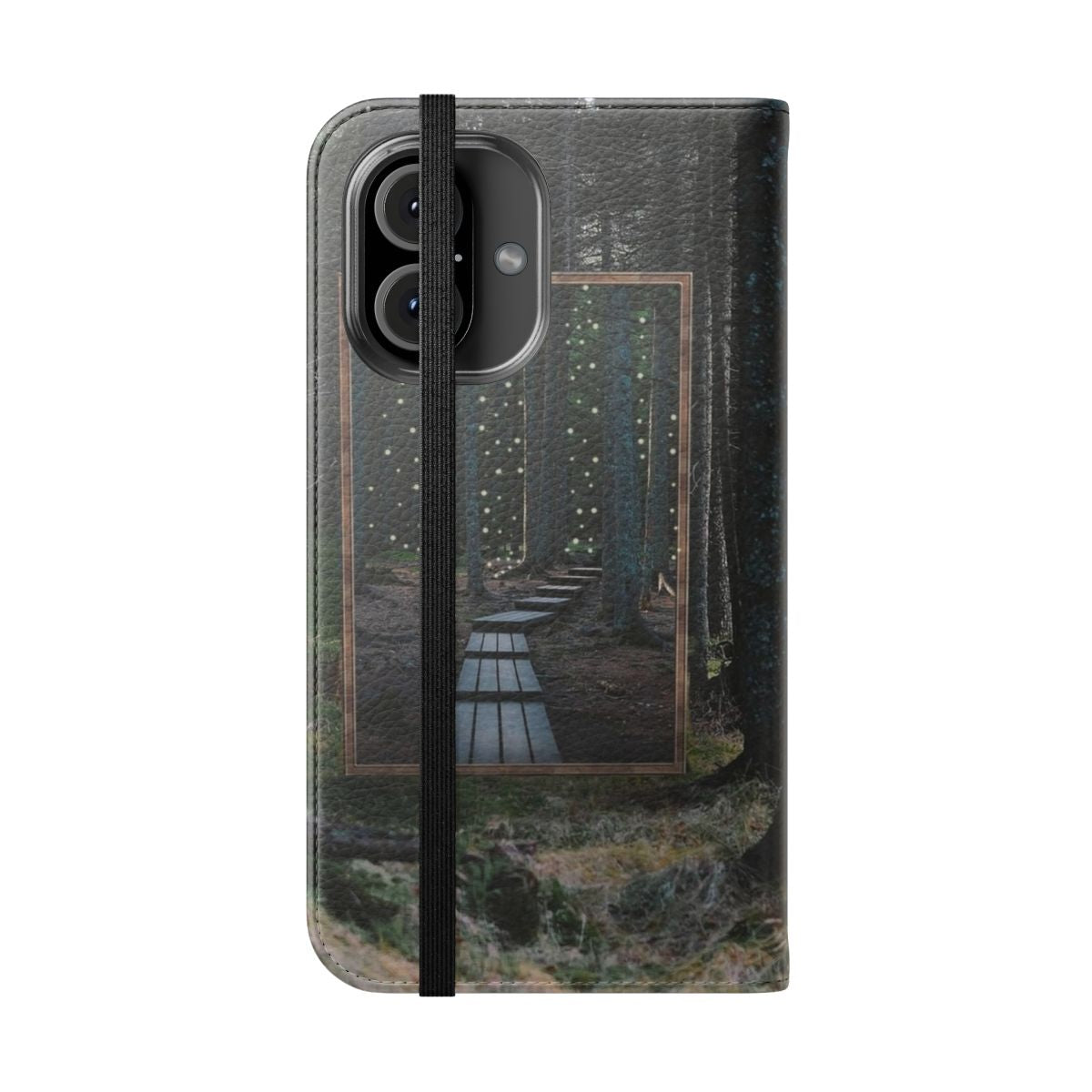 A nature-inspired collage art flip cover phone case with a mirror design - Folded Front