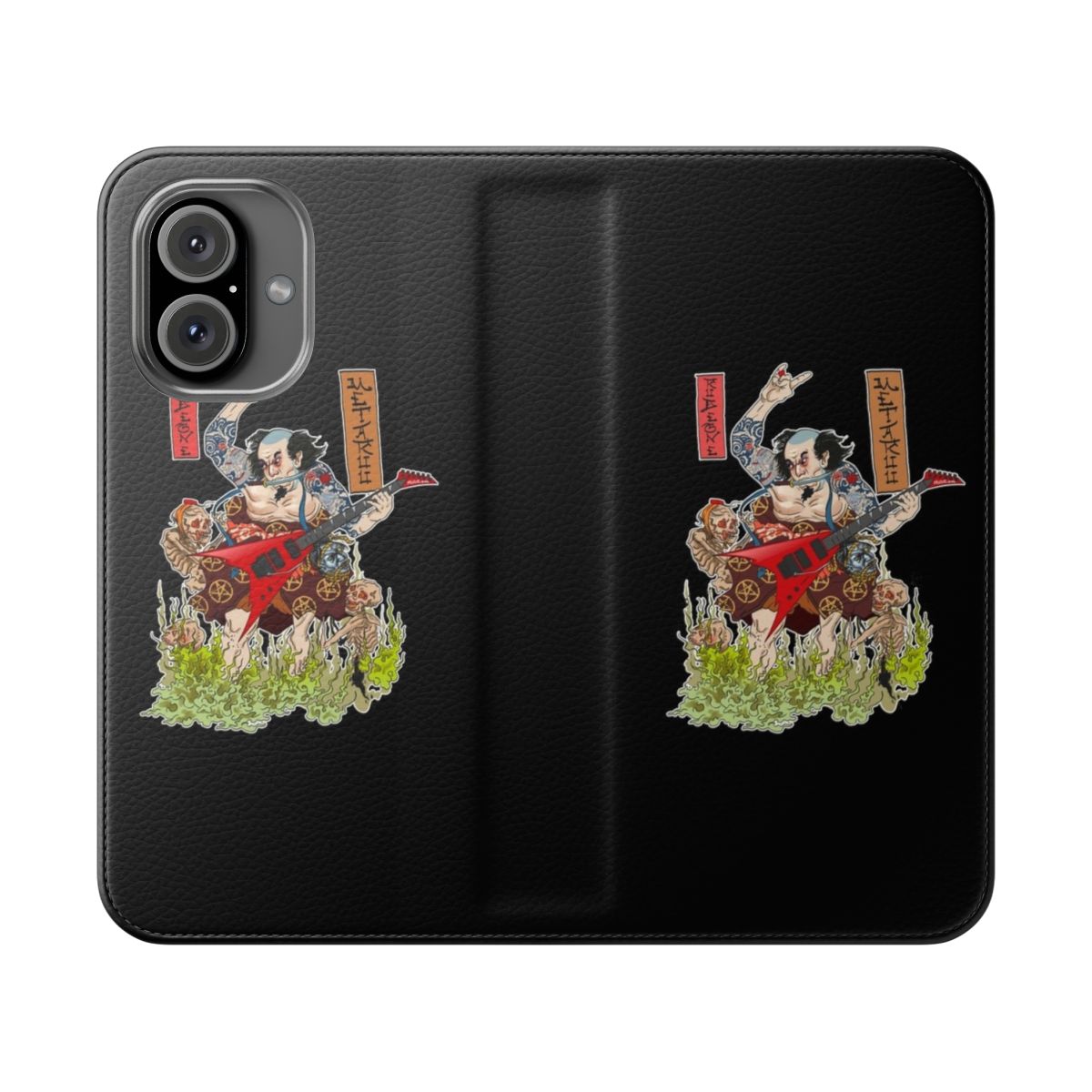 Flip cover phone case with a feudal samurai and heavy metal design