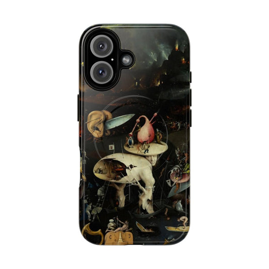 A phone case featuring a surreal, fantastical design inspired by the paintings of Hieronymus Bosch.