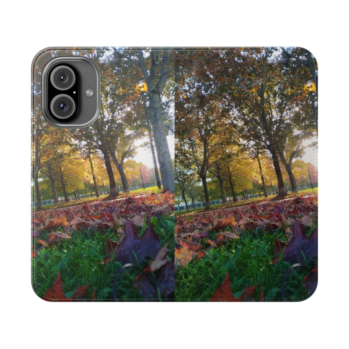 Autumn landscape phone case featuring a vibrant fall foliage design