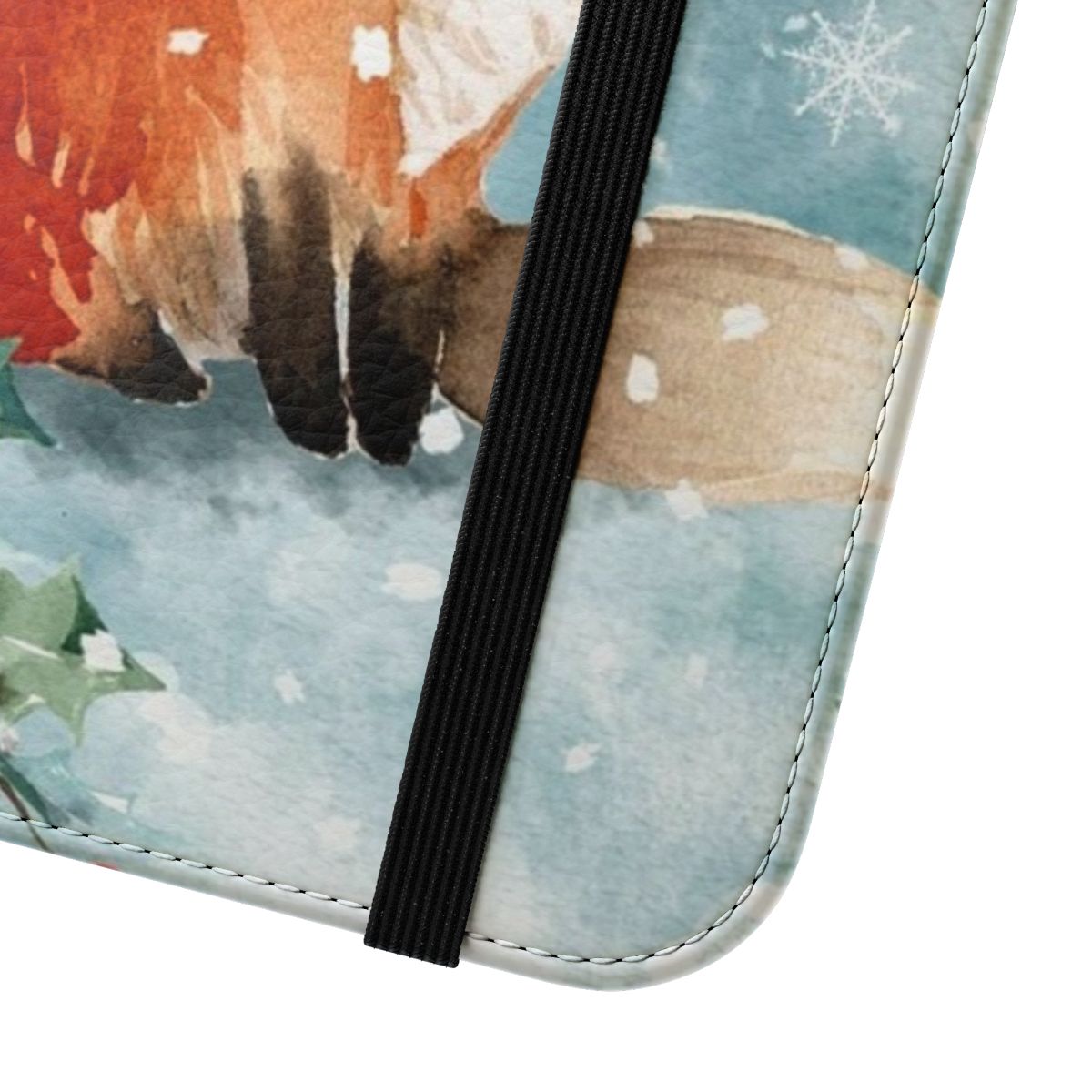 Whimsical watercolor illustration of a fox in the snowy forest, printed on a protective flip phone case. - Close Up