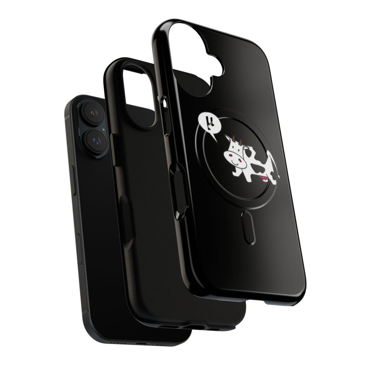 Magnetic tough phone case with cute black and white cow design and "Moo" text - Layers