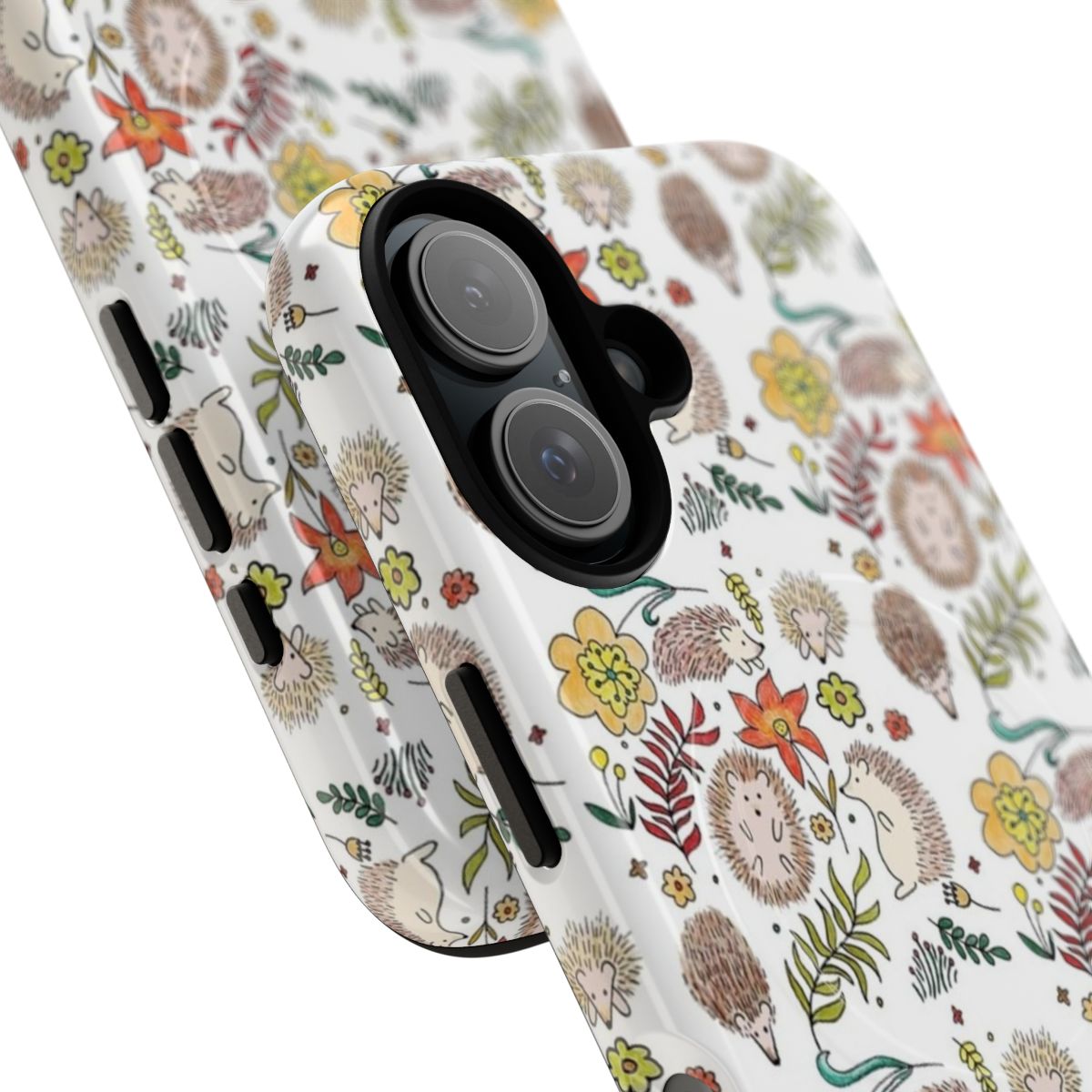 Colorful phone case with a hedgehog design in a floral field - Detail