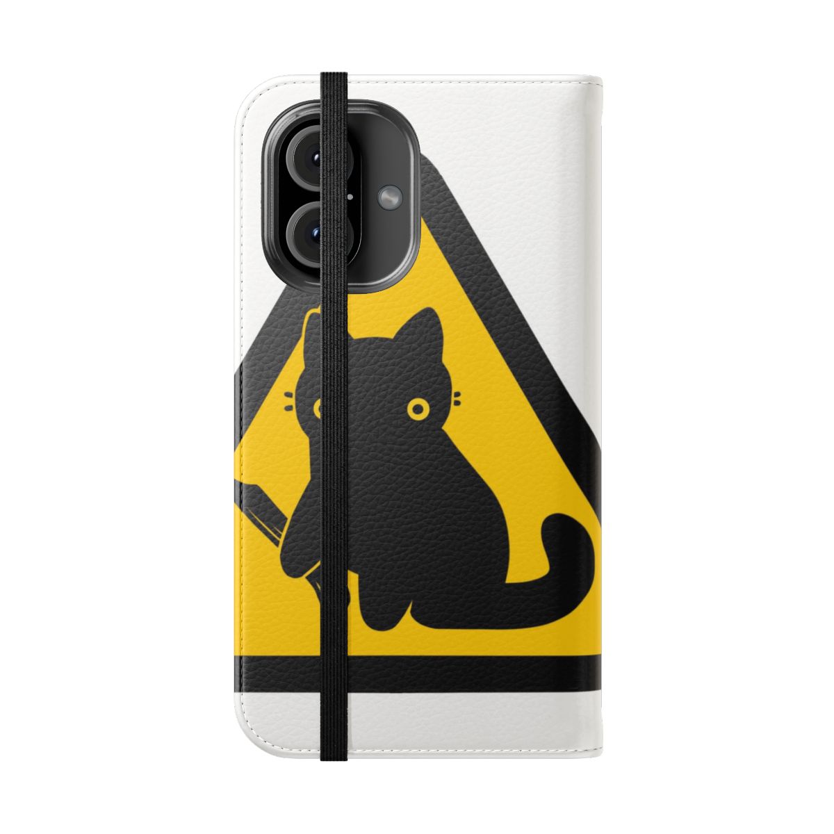 Amusing yellow flip phone case featuring a cat design with a caution or warning style - Folded Front