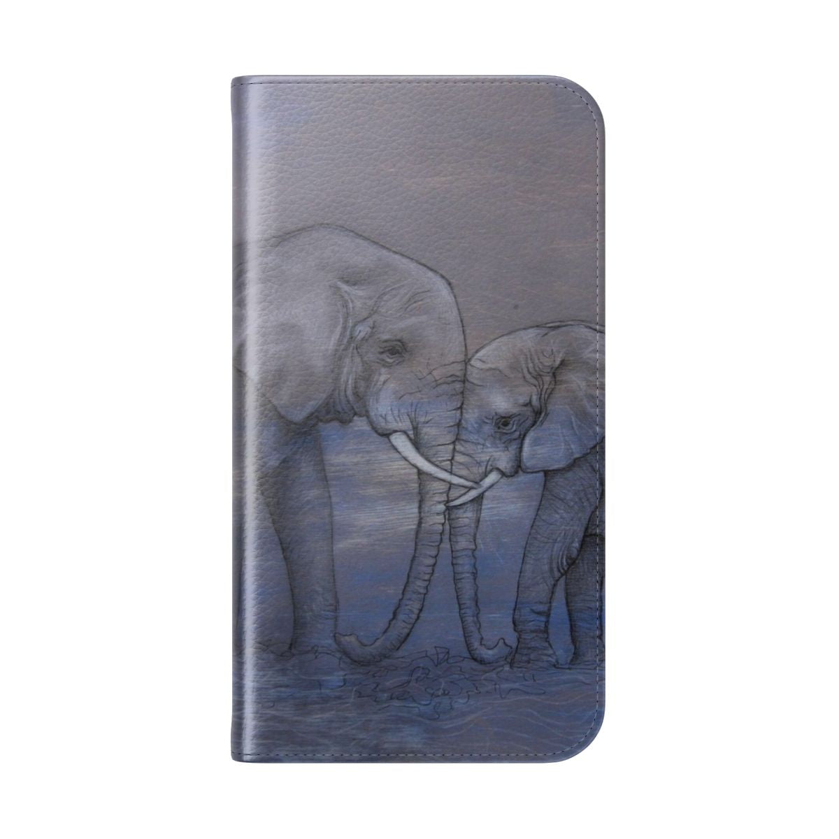 A close-up photo of a purple elephant phone case with a cute kissing design. - Folded Back