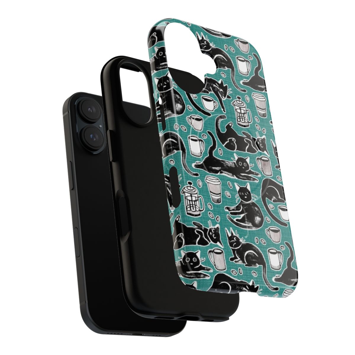 Black cats painted in gouache on a teal phone case with a repeating pattern - Layers