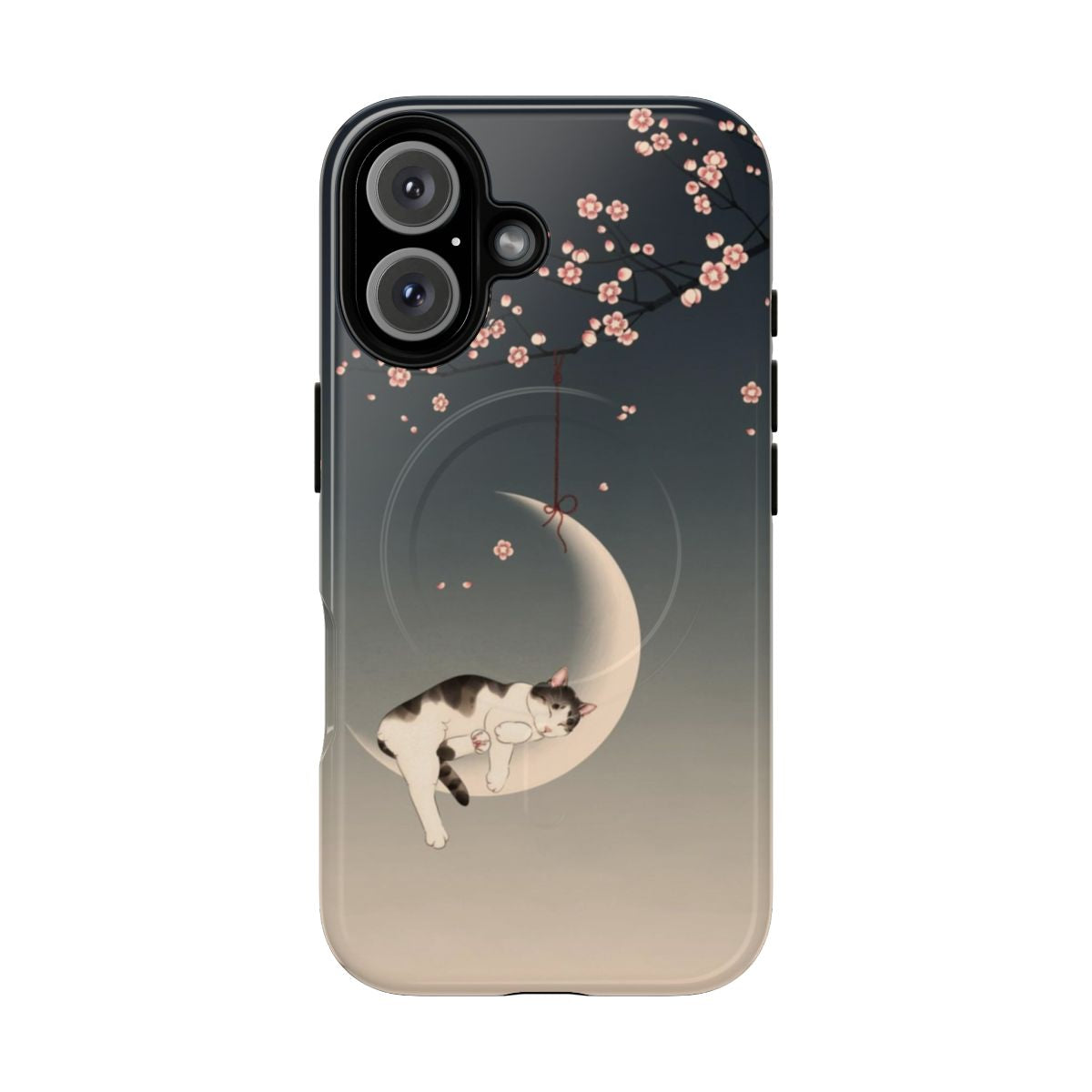 Illustration of a tabby cat sleeping on a hanging moon with sakura blossoms in the background