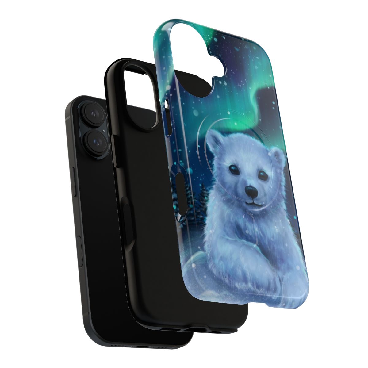 Closeup of a phone case featuring a cute polar bear design against a starry night sky and aurora borealis. - Layers