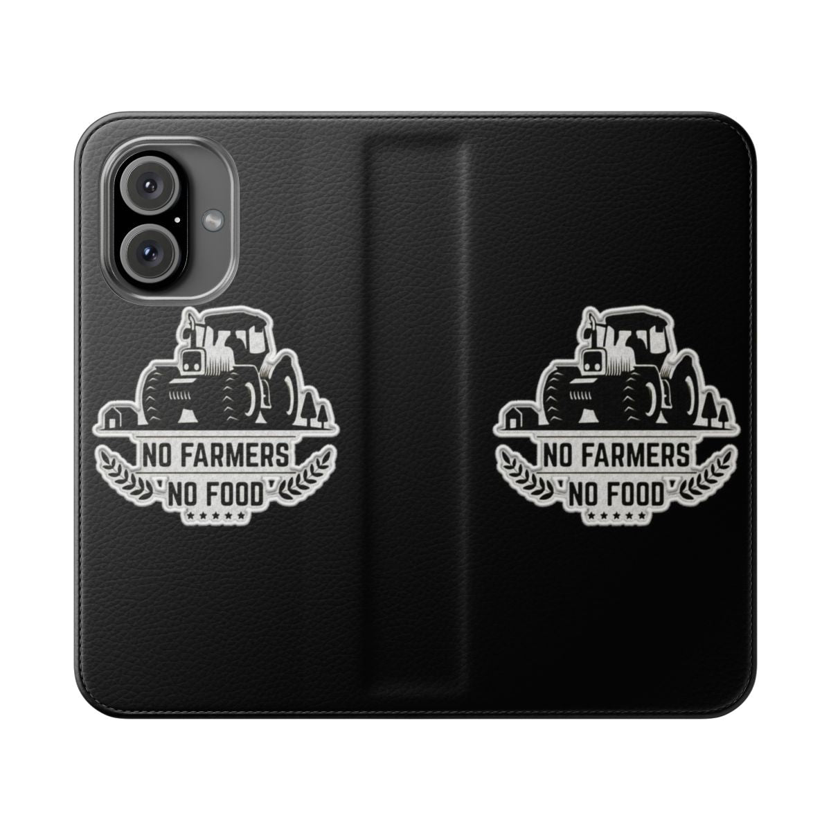 Flip cover phone case with "No Farmers No Food" patch design, supporting farmers and agriculture.