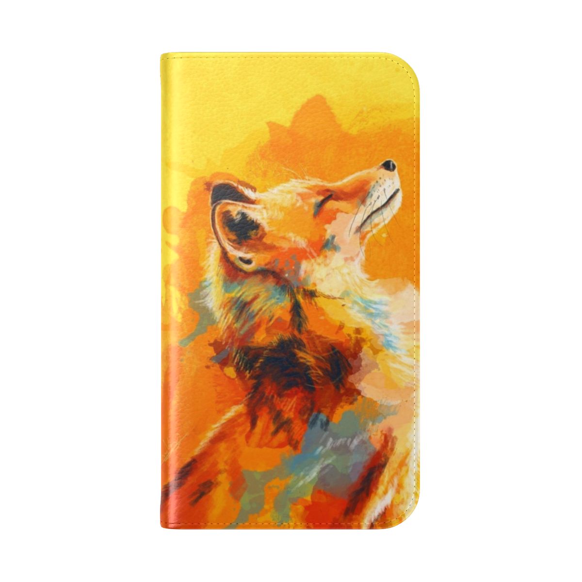 Vibrant illustration of a fox in a colorful, whimsical woodland setting on a phone case cover. - Folded Back