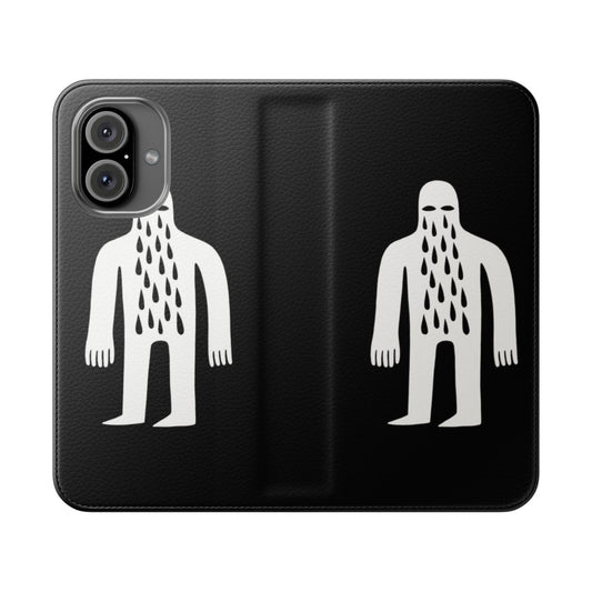 A black and white phone case featuring a simple, minimalist design of a crying figure in negative space.