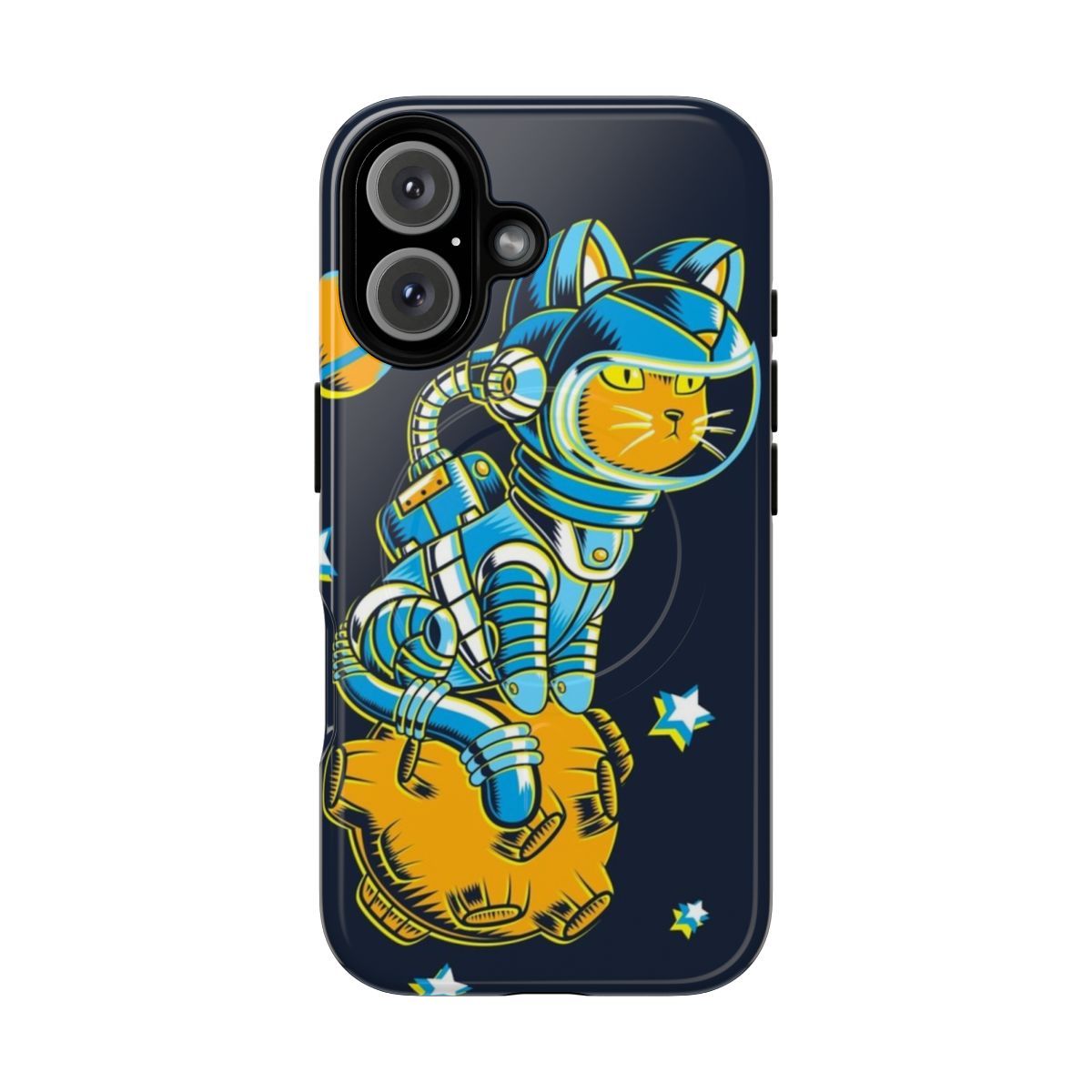 A space-themed phone case featuring a cute cat in an outer space design.