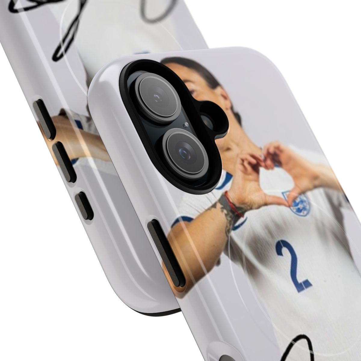 Magnetic phone case featuring a signed autograph style design for Lucy Bronze and the England Lionesses soccer team - Detail