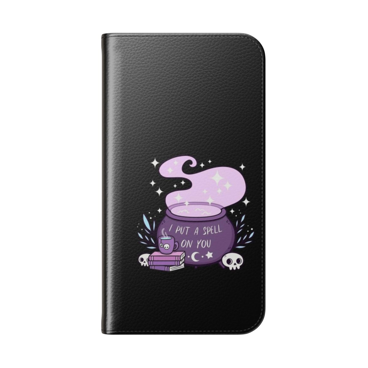 Flip cover phone case featuring a detailed cauldron illustration in a spooky, witchy style. - Folded Back