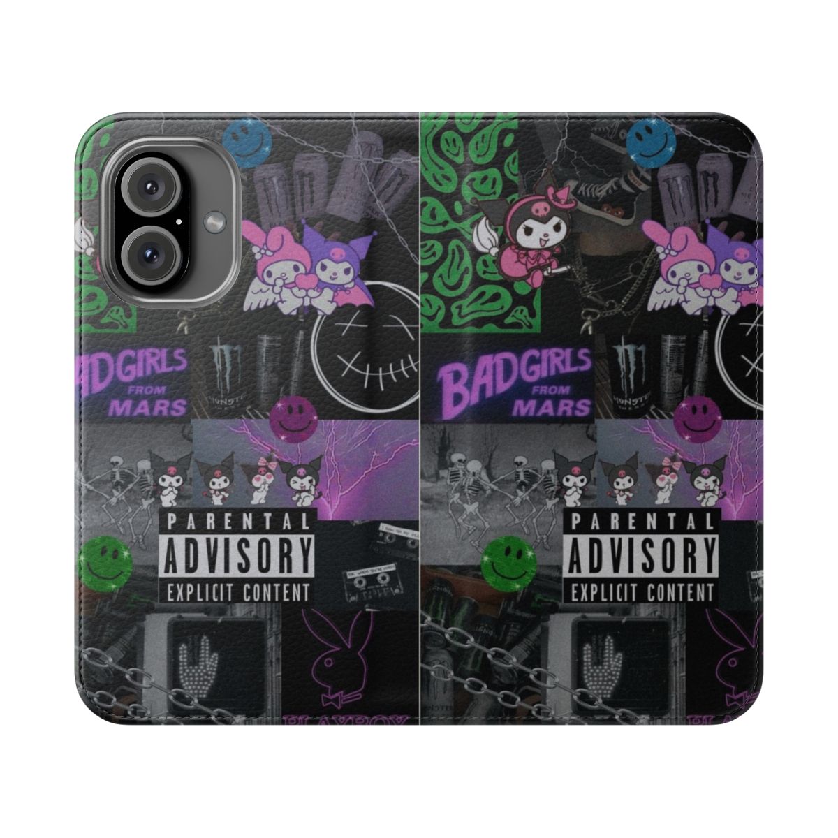 Gothic collage design on a flip phone case