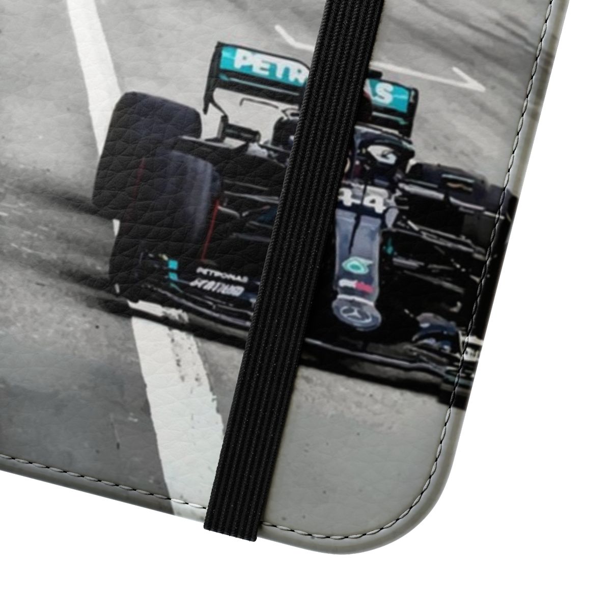 Vintage digital art-inspired flip cover phone case featuring Lewis Hamilton, the iconic Formula 1 world champion. - Close Up