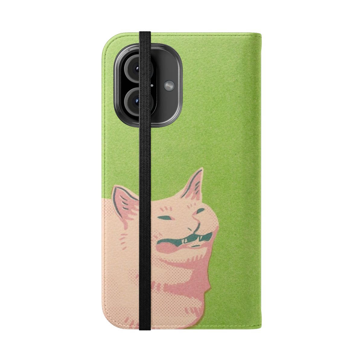 Flip cover phone case with a design of a cat sneezing, a popular internet meme. - Folded Front