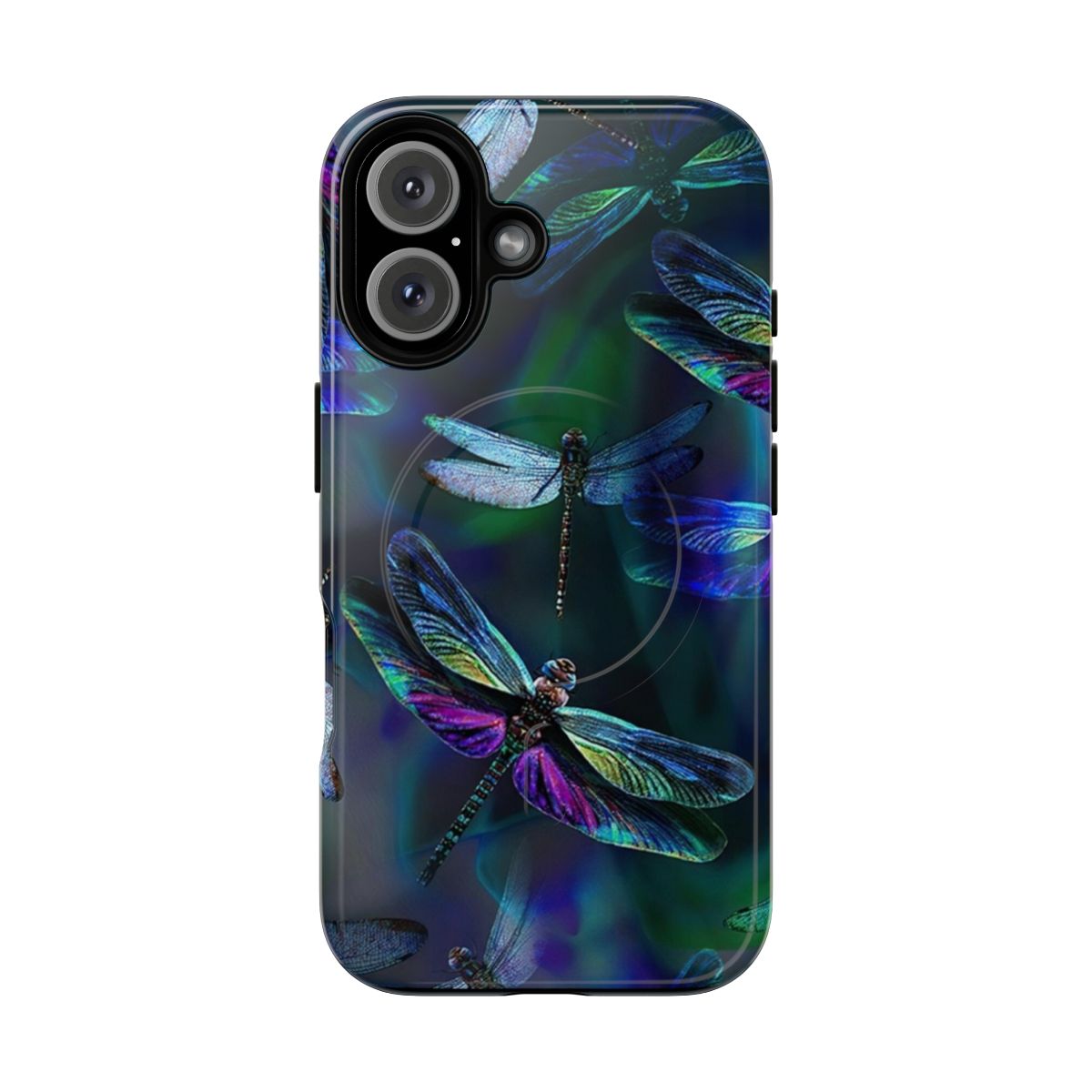 Colorful and artistic dragonfly design on a protective phone case