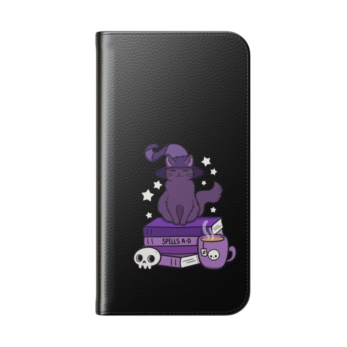 Feline Familiar Black Flip Cover Phone Case by Nikury featuring a cat, books, and occult elements. - Folded Back