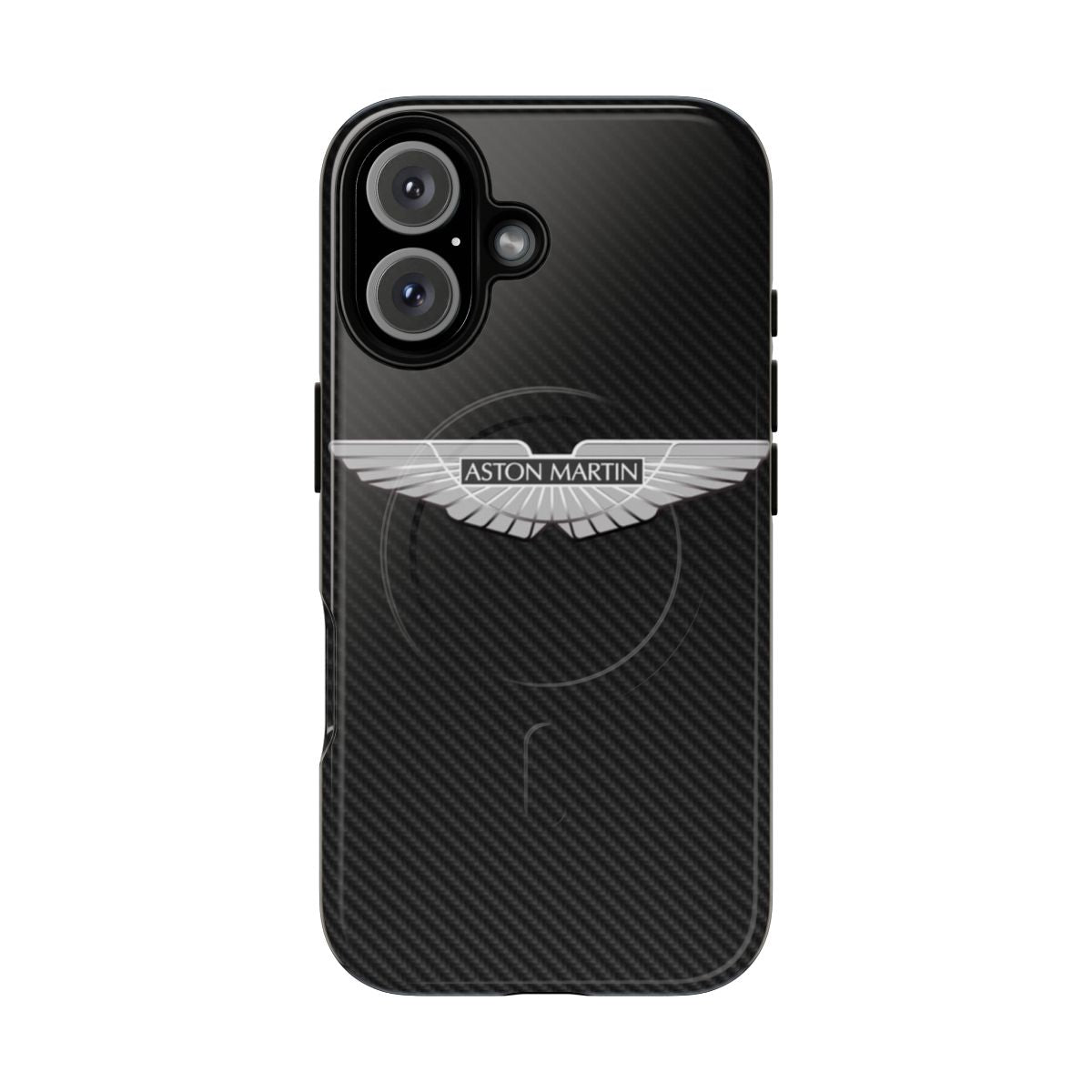 Magnetic tough phone case with Aston Martin inspired carbon fiber background