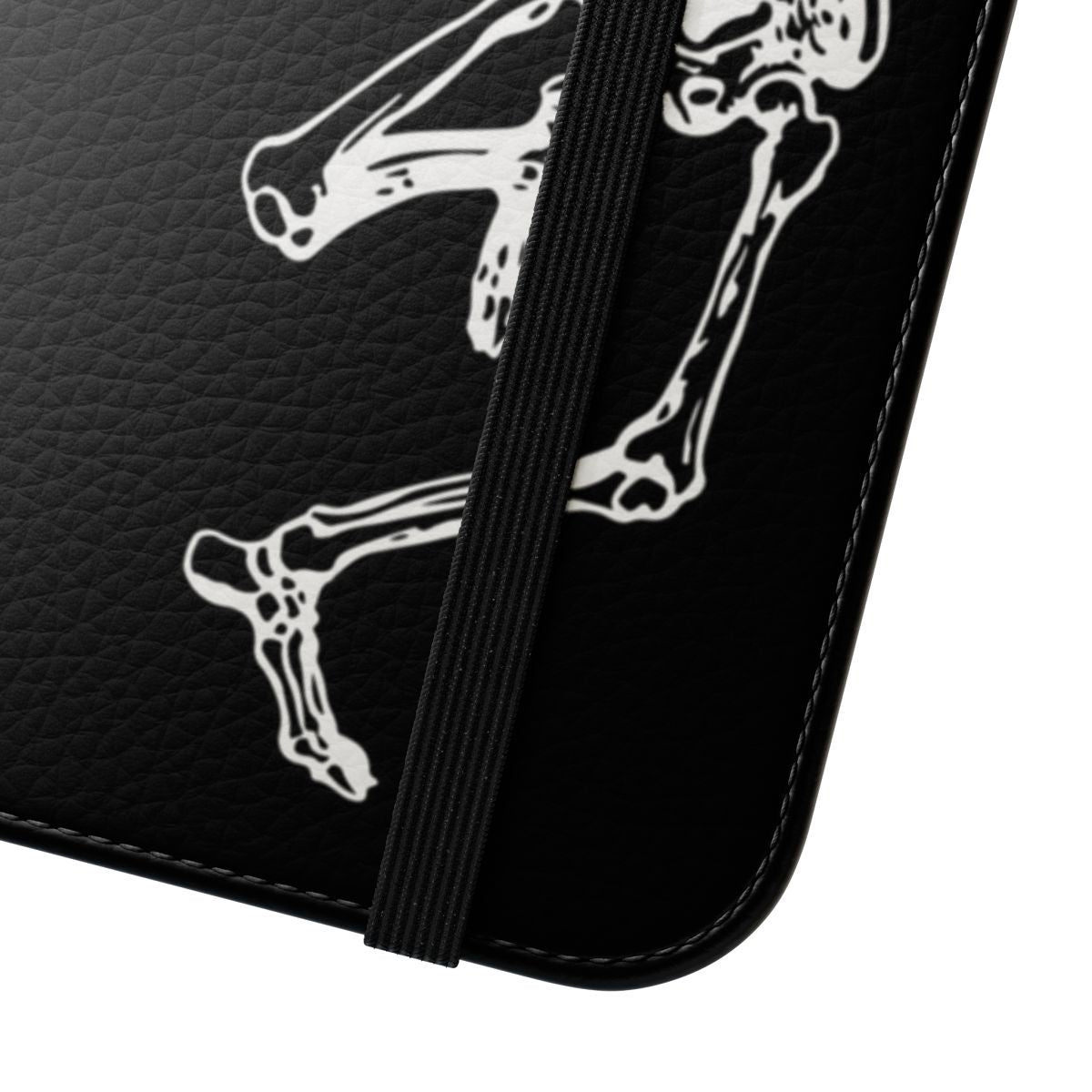 A flip cover phone case featuring a gothic design of dancing skeletons in black and white. - Close Up