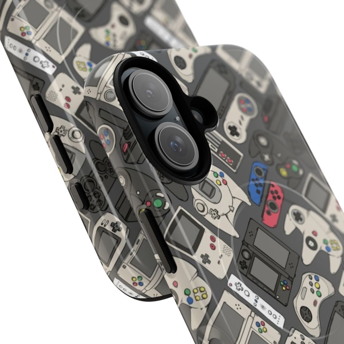 Colorful phone case featuring retro video game controller patterns - Detail