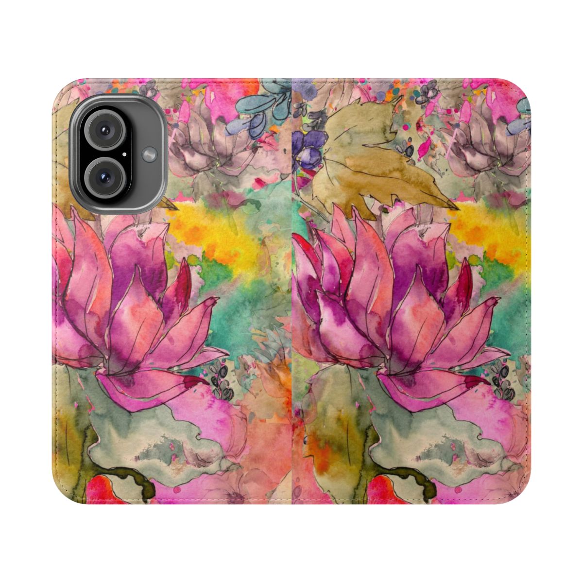 Watercolor floral pattern on a phone case featuring blooming flowers and greenery