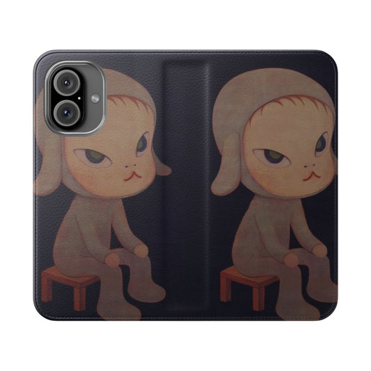 Artistic flip cover phone case featuring a design inspired by the work of renowned Japanese artist Yoshitomo Nara.