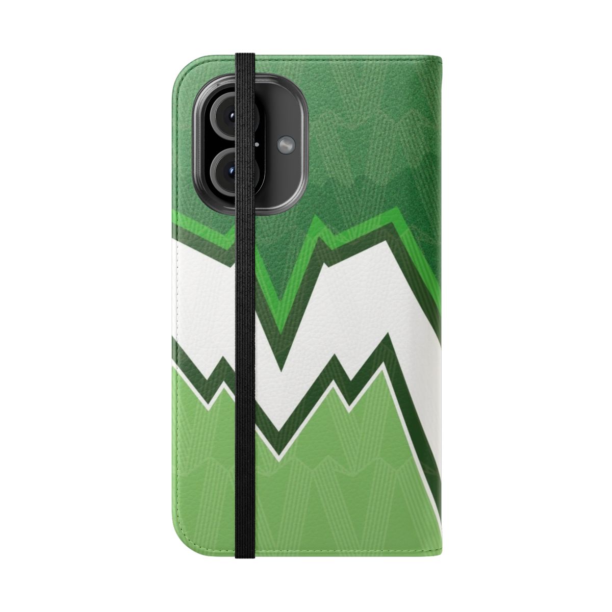 Retro-style flip cover phone case featuring a geometric, abstract Celtic FC-inspired pattern in green. - Folded Front