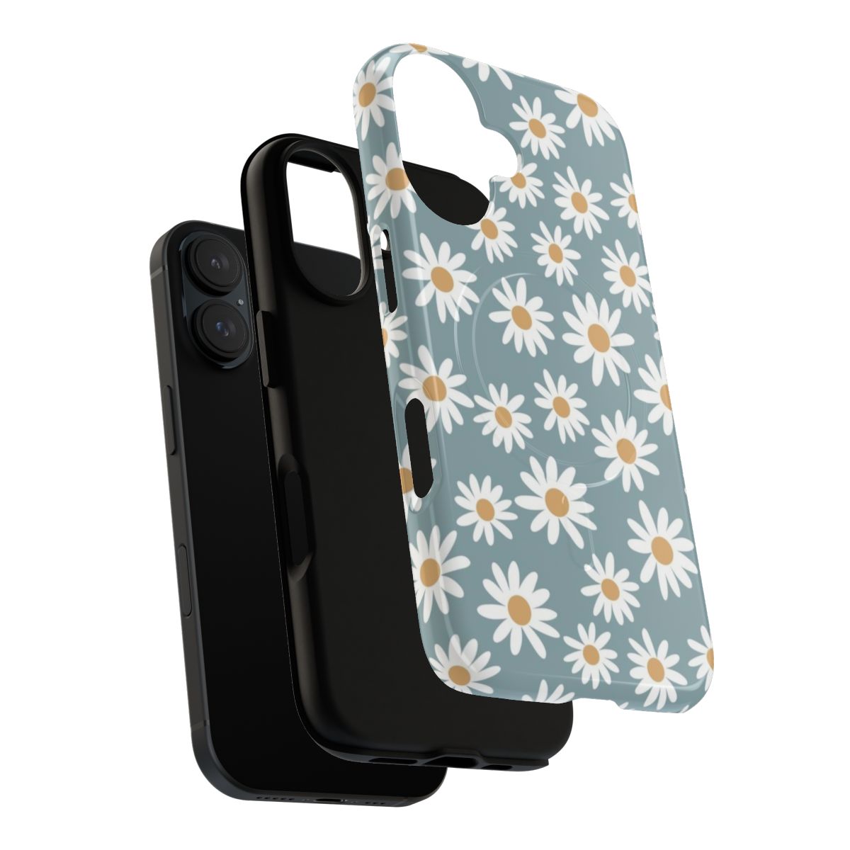 Blue and white daisy pattern on a floral phone case with a retro, vintage 70s style - Layers