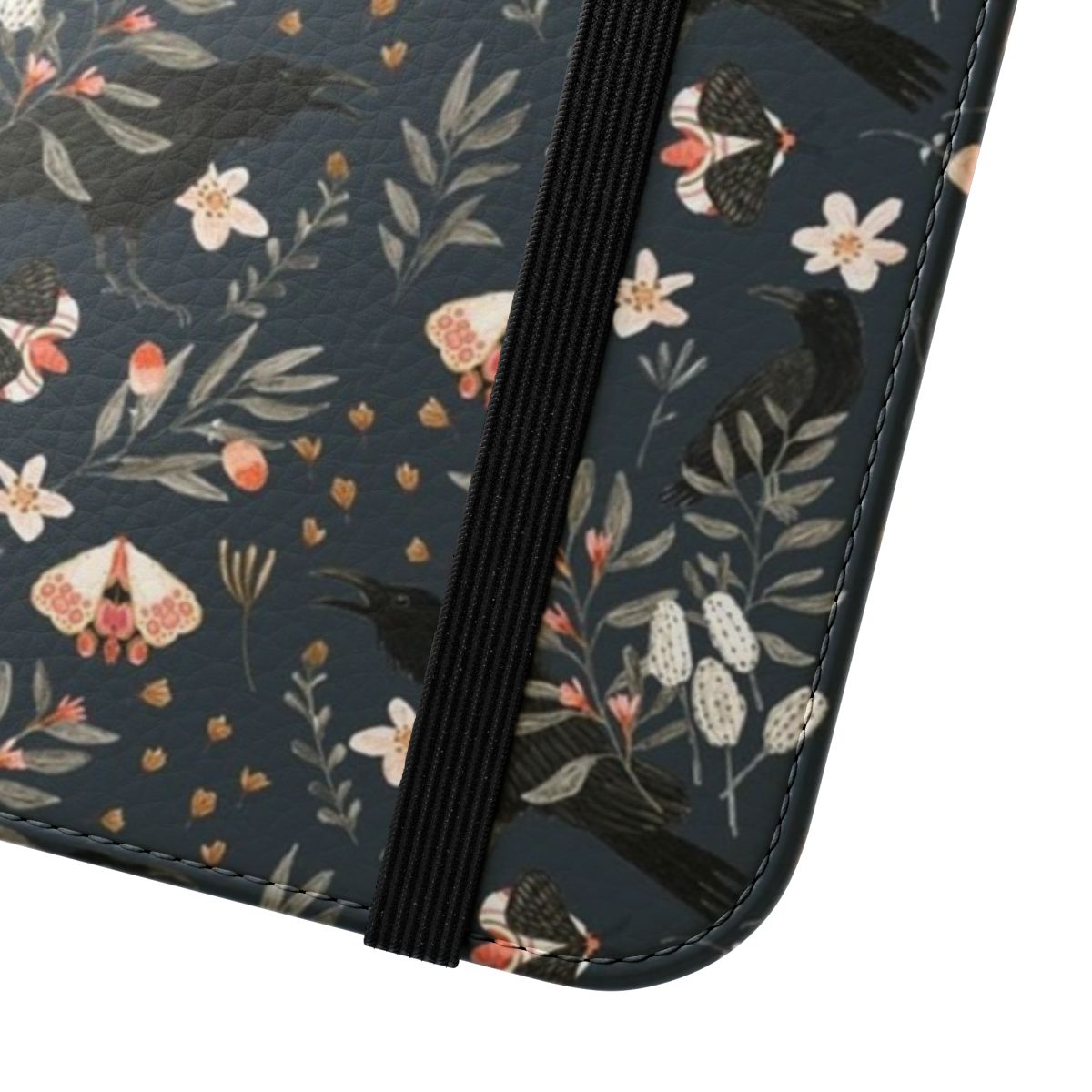 Black phone case with a floral and butterfly design - Close Up