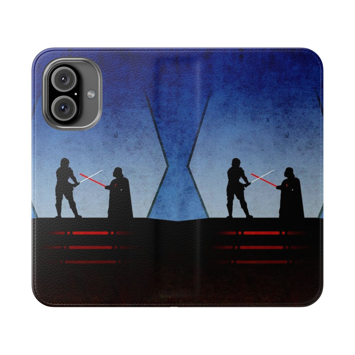 A flip cover phone case featuring a sci-fi inspired design of Darth Vader and Luke Skywalker dueling on Cloud City.