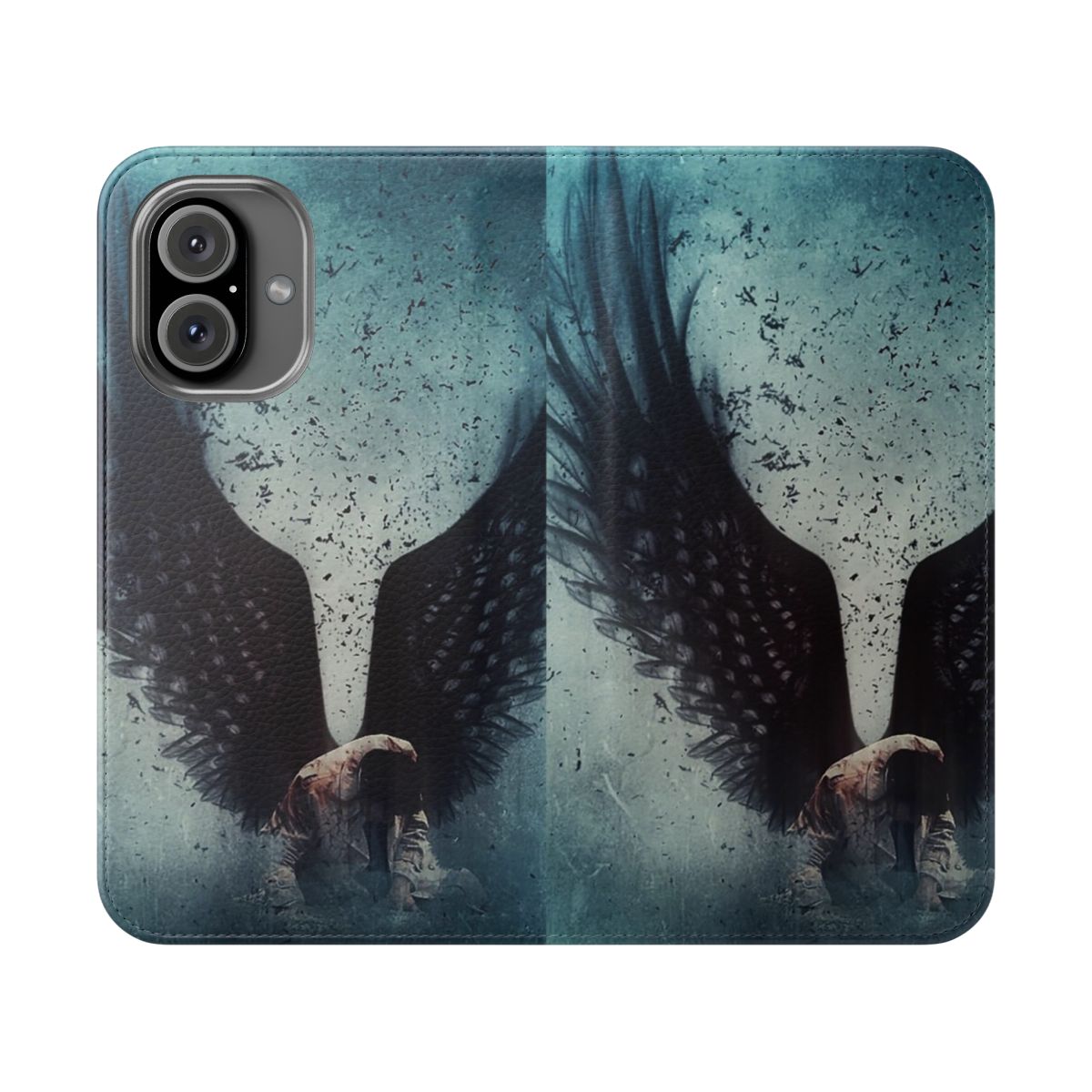 Supernatural-inspired flip phone case with dark angel wings design