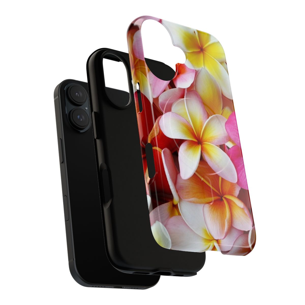 Closeup of a pink and white plumeria flower on a magnetic phone case. - Layers