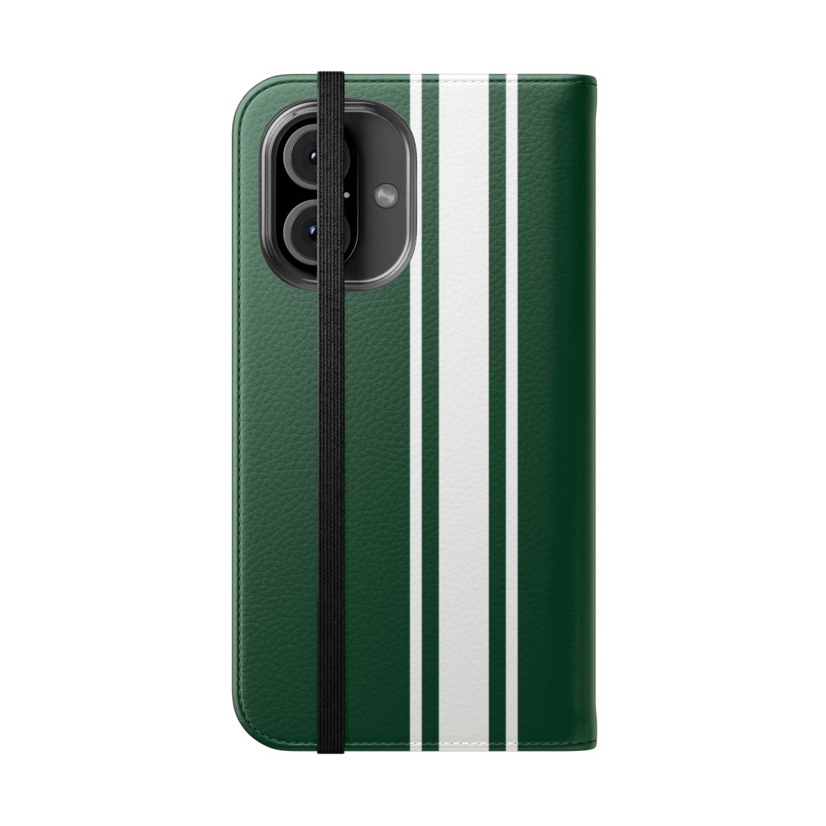 Dark green phone case with white pinstripes, inspired by classic British racing cars - Folded Front