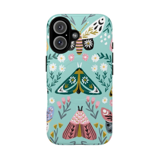 Magnetic phone case featuring a vibrant illustration of a butterfly in a garden with daisies and flowers.