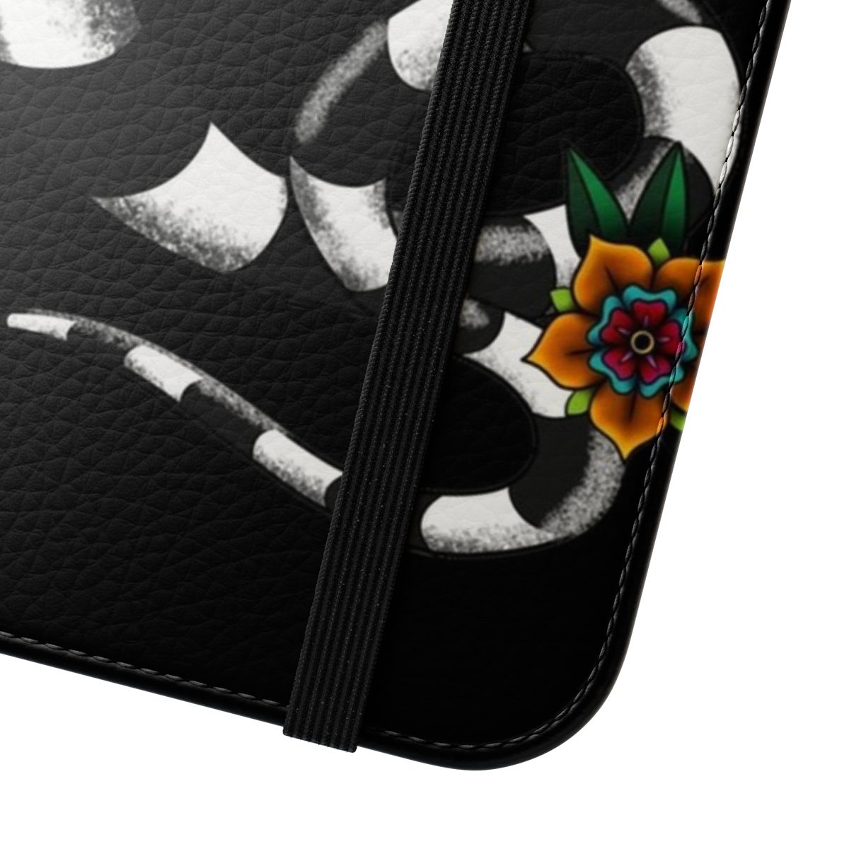 A black and white flip cover phone case featuring a spooky, gothic-inspired design with a snake-like creature. - Close Up