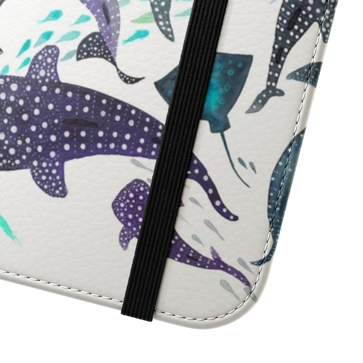 A vibrant watercolor design featuring a whale shark, ray, and other sea creatures on a phone case. - Close Up