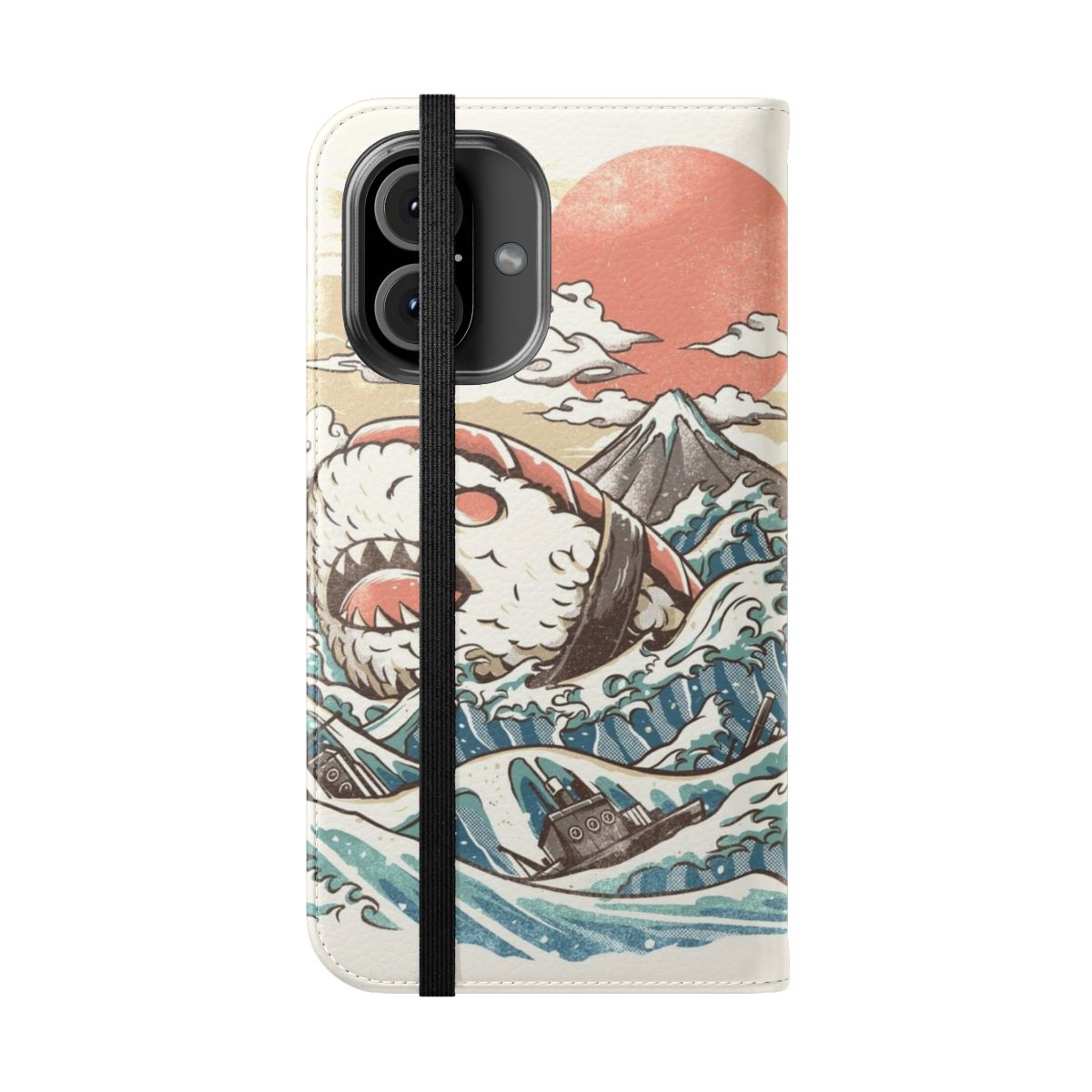 Sharkiri Sushi Flip Cover Phone Case featuring a vibrant illustration of sushi, waves, and a kaiju-inspired shark. - Folded Front